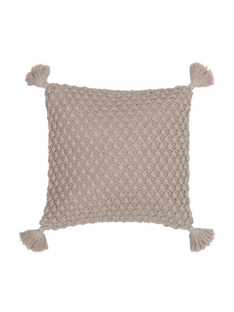 Federa arredo a maglia beige con nappe Astrid, 100% cotone pettinato, Beige, Larg. 50 x Lung. 50 cm