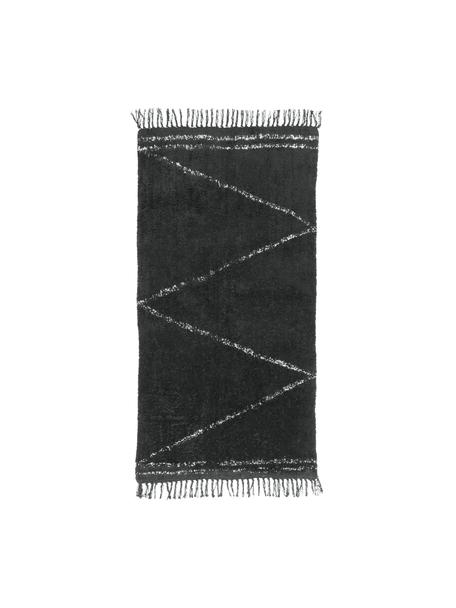 Handgetuft katoenen vloerkleed Asisa met zigzaggend patroon en franjes, Antraciet, B 80 x L 150 cm (maat XS)