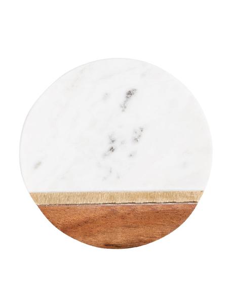 Podkładka z marmuru Luxury Kitchen, 4 szt., Marmur, drewno akacjowe, mosiądz, Biały marmur, jasne drewno naturalne, mosiądz, Ø 10 x W 2 cm