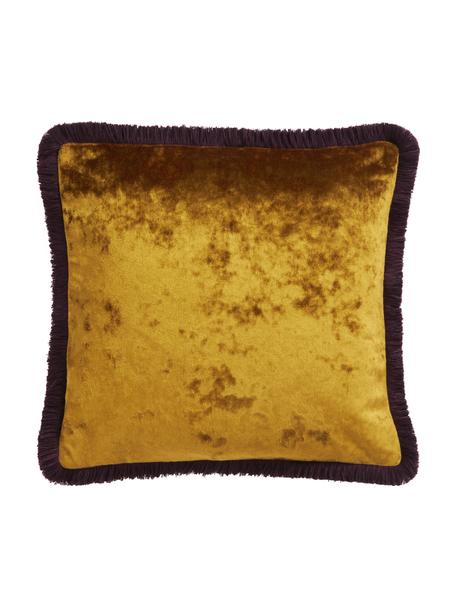 Housse de coussin velours jaune ocre à franges Cyrus, Velours (100% polyester)
Oeko-Tex Standard 100, classe 1, Ocre, lilas, larg. 40 x long. 40 cm