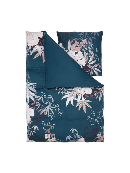 Baumwollsatin-Bettwäsche Akina aus Bio-Baumwolle mit Blumen-Print, Webart: Satin Fadendichte 200 TC,, Dunkelblau, Beigetöne, 155 x 220 cm + 1 Kissen 80 x 80 cm