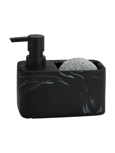 Zeepdispenser Galia met marmerlook met spons, 2-delig, Houder: polyresin, Pompje: kunststof, Zwart, gemarmerd, zilverkleurig, B 15 x H 14 cm