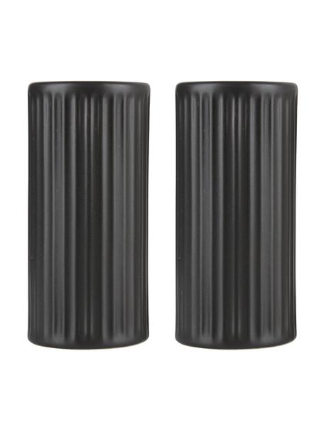 Zout- en peperstrooier Groove met groefstructuur, set van 2, Keramiek, Zwart, Ø 4 x H 9 cm