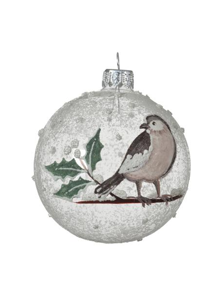 Mondgeblazen kerstballen Birdy Ø 8 cm, 6 stuks, Glas, Transparant, wit, groen, bruin, Ø 8 cm