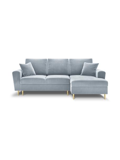 Sofá rinconera cama de terciopelo Moghan (4 plazas), con espacio de almacenamiento, Tapizado: 100% terciopelo de poliés, Estructura: madera de pino maciza, ag, Patas: metal revestido, Terciopelo azul claro, patas latón, An 241 x F 145 cm, chaise longue derecha