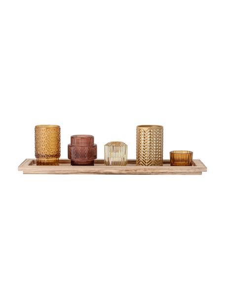 Set portacandele con vassoio in legno Elviena 6 pz, Vassoio: legno di paulownia, Tonalità marroni trasparenti, Larg. 43 x Alt. 11 cm