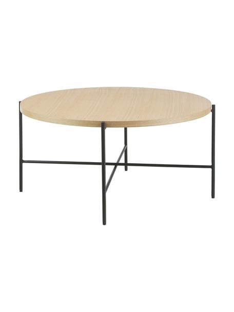 Stolik kawowy z drewnianym blatem Mica, Blat: płyta pilśniowa średniej , Stelaż: metal malowany proszkowo, Jasne drewno naturalne, czarny, Ø 82 cm