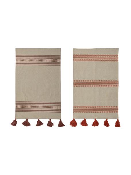 Set 2 strofinacci in cotone a righe con nappe Dali, 100% cotone, Beige, tonalità rosse, Larg. 45 x Lung. 70 cm