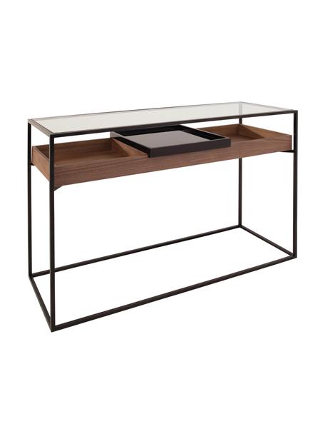 Consola de recibidor Helix, Estructura: metal con pintura en polv, Tablero: vidrio, Estante: tablero de densidad media, Bandeja: metal pintado, Negro, madera de nogal, An 120 x F 40 cm