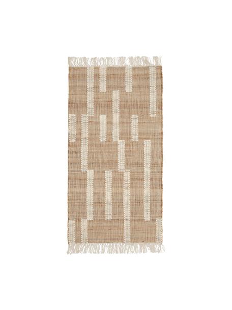 Ręcznie wykonany dywan z juty z frędzlami Kerala, 68% juta, 23% bawełna, 9% wełna, Beżowy, odcienie kości słoniowej, S 80 x D 150 cm (Rozmiar XS)