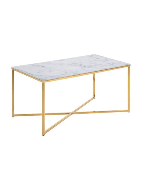 Konferenční stolek s mramorovanou skleněnou deskou Aruba, Bílá, šedá mramorovaná, mosazná