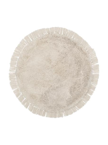Pluizig rond hoogpolig vloerkleed Dreamy met franjes, Onderzijde: 100% gerecycled polyester, Beige, Ø 120 cm (maat S)