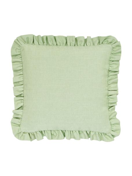Kussenhoes Camille in groen met franjes, 60% polyester, 25% katoen, 15% linnen, Groen, B 45 x L 45 cm