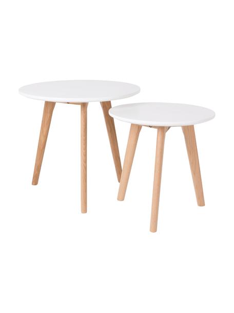 Tables d'appoint rondes scandi Bodine, 2 élém., Blanc, bois de chêne, Lot de différentes tailles