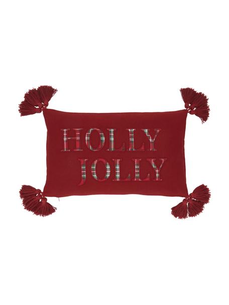 Housse de coussin rectangulaire rouge à houppes Holly Jolly, 100 % coton, Rouge, larg. 30 x long. 50 cm