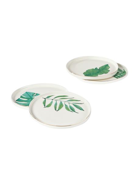 Súprava raňajkových tanierov s tropickým dizajnom Timba, 4 diely, Fine Bone China (porcelán)
Mäkký porcelán, ktorý sa vyznačuje predovšetkým žiarivým, priehľadným leskom, Biela, zelená, odtiene zlatej, Ø 21 cm