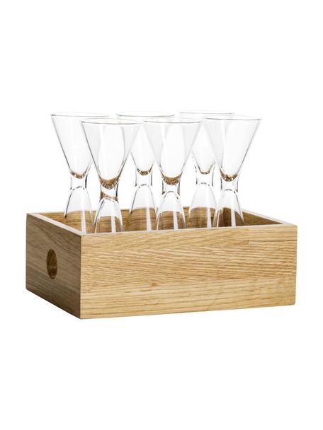 Vasos chupitos Semon, 6 uds., con caja de madera, Vidrio soplado, madera de roble, Transparente, roble, Ø 4 x Al 12 cm, 20/40 ml