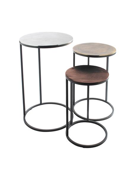 Set 3 tavolini in metallo Calvin, Ripiani: alluminio rivestito, Struttura: metallo verniciato, Alluminio, ottone, Set in varie misure