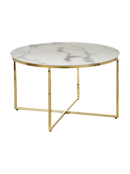 Tavolino rotondo da salotto con piano in vetro effetto marmo Antigua, Struttura: metallo ottonato, Ottonato, bianco marmorizzato, Ø 80 x Alt. 45 cm