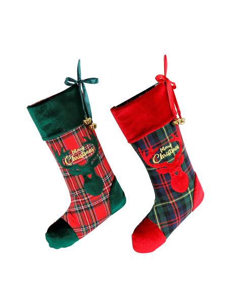 Calcetines decorativos Merry Christmas, 2 uds., Poliéster, algodón, Verde, rojo, An 26 x L 47 cm