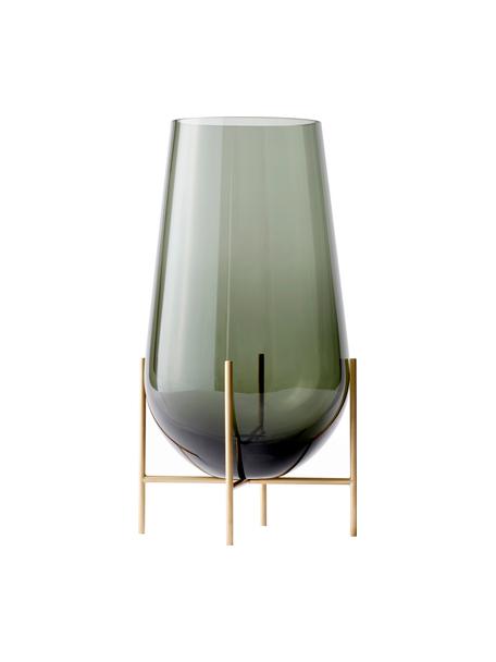 Vaso da terra in vetro soffiato verde Echasse, Struttura: ottone, Vaso: vetro soffiato, Verde trasparente, Ø 22 x Alt. 44 cm