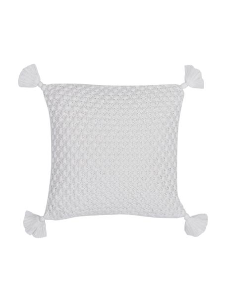 Federa arredo a maglia bianca con nappe Astrid, 100% cotone pettinato, Bianco, Larg. 50 x Lung. 50 cm