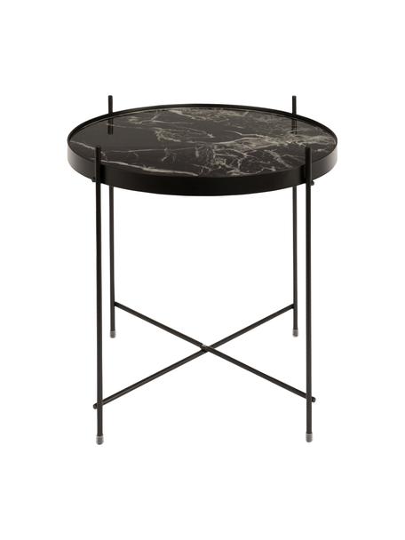 Mesa auxiliar plegable Cupid, tablero de cristal en aspecto mármol, Estructura: metal con pintura en polv, Tablero: vidrio laminado con efect, Mármol negro, Ø 43 x Al 45 cm