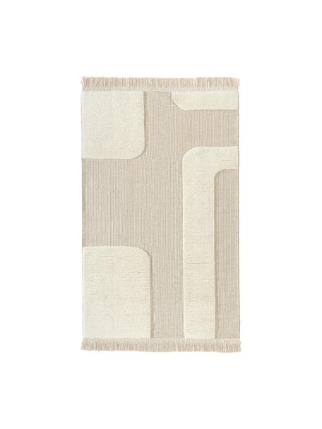 Handgewebter Teppich Laine mit Hoch-Tief-Muster und Fransen, 57% Wolle (RWS-zertifiziert), 35% Jute, 8% Baumwolle, Beige, Cremeweiss, B 120 x L 180 cm (Grösse S)