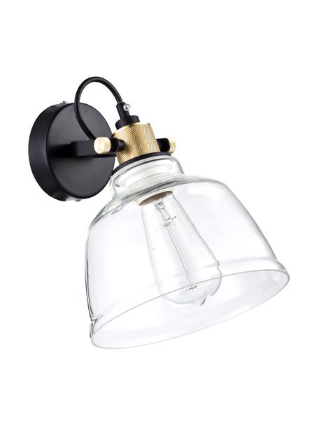 Verstelbare wandlamp Irving van transparant glas, Lampenkap: glas, Frame: gecoat metaal, Transparant, zwart, goudkleurig, D 25 x H 27 cm