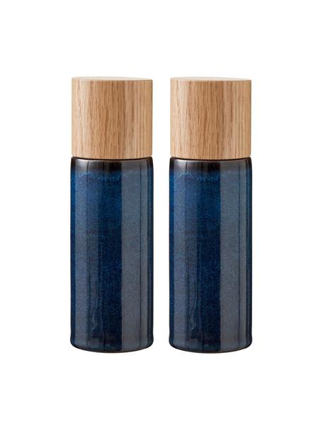 Set macina sale e pepe in gres con coperchio Bizz 2 pz, Coperchio: legno di quercia, Blu scuro, legno di quercia, Ø 5 x Alt. 17 cm
