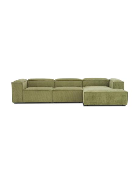 Canapé d'angle modulable velours côtelé Lennon, Velours côtelé vert, larg. 327 x prof. 180 cm, méridienne à droite