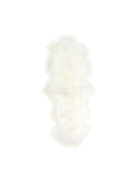 Langhaar-Lammfell-Teppich Ella, gelockt, Vorderseite: Mongolisches Lammfell, Rückseite: Leder, Weiß, B 50 x L 160 cm