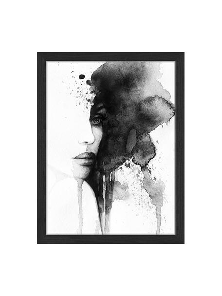 Ingelijste digitale print Woman Face, Afbeelding: digitale print op papier,, Lijst: gelakt hout, Zwart, wit, 33 x 43 cm