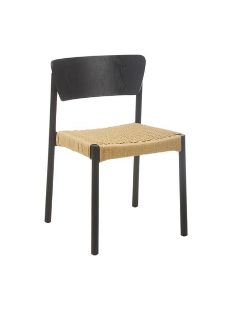 Holzstühle Danny mit Rattan-Sitzfläche, 2 Stück, Gestell: Massives Buchenholz, Sitzfläche: Papierrattan, Rückenlehne: Schichtholz mit Eschenfur, Buchenholz, schwarz lackiert, B 52 x T 51 cm