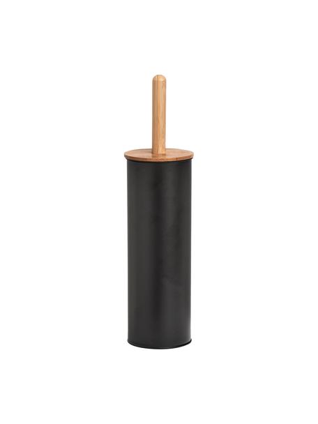 Toiletborstel Tallin, Houder: gecoat metaal, Deksel: bamboe, Zwart, Ø 10 x H 38 cm