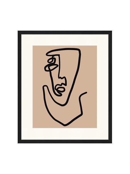 Ingelijste digitale print Abstract Face, Afbeelding: digitale print op papier,, Lijst: gelakt hout, Zwart, donkerbeige, 53 x 63 cm