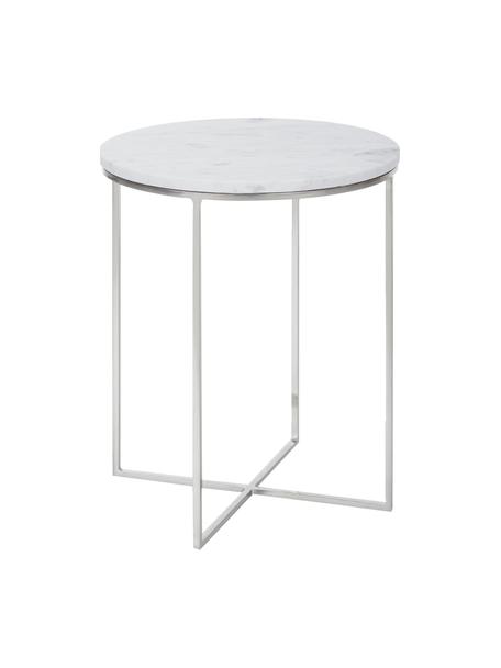 Kulatý mramorový odkládací stolek Alys, Bílý mramor, stříbrná, Ø 40 cm, V 50 cm