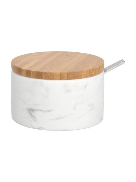 Zuccheriera in ceramica effetto marmo con cucchiaio Kalina, Coperchio: bambù, Cucchiaio: metallo, Bianco marmorizzato, bambù, Ø 13 x Alt. 7 cm