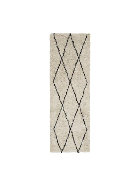 Pluizige hoogpolige loper Nouria, Bovenzijde: 100% polyester, Onderzijde: 100% katoen, Beige, zwart, B 80 x L 250 cm