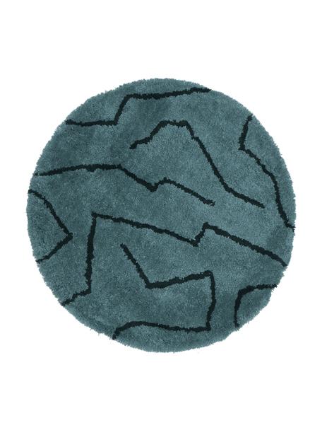 Alfombra redonda artesanal de pelo largo David, Parte superior: 100% poliéster-microfibra, Reverso: poliéster reciclado, Azul petróleo, negro, Ø 120 cm (Tamaño S)