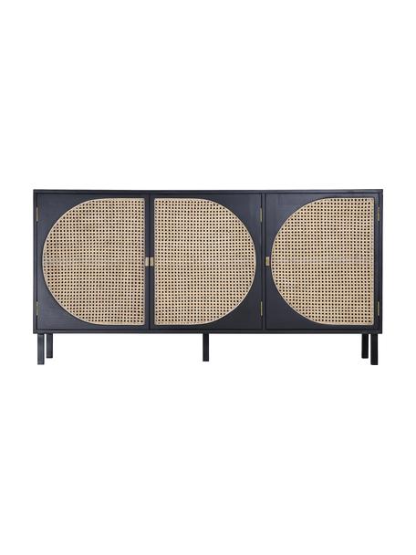 Handgemaakt dressoir Lizzie van Sungkai hout met Weens vlechtwerk, Frame: Sungkai hout, Poten: gepoedercoat metaal, Zwart, rotan, B 160 x H 81 cm