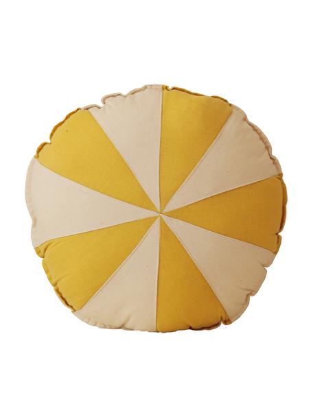 Coussin patchwork en lin Circus, Blanc crème, jaune, Ø 39 x haut. 10 cm
