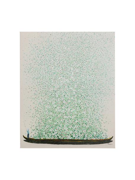 Impression sur toile peinte à la main Flower Boat, Beige, vert, larg. 80 x haut. 100 cm