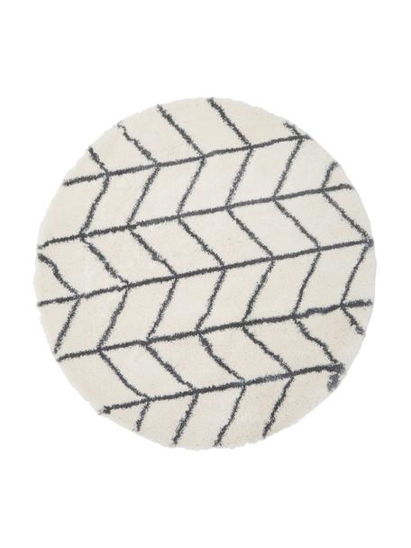 Rond hoogpolig vloerkleed Cera in crèmekleur/donkergrijs, Bovenzijde: 100% polypropyleen, Onderzijde: 78% jute, 14% katoen, 8% , Crèmewit, Ø 150 cm (maat M)