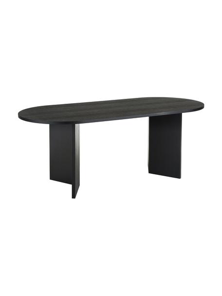 Dřevěný oválný jídelní stůl Toni, 200 x 90 cm, Lakovaná MDF deska (dřevovláknitá deska střední hustoty) s dubovou dýhou, Dřevo, lakováno černou barvou, Š 200 cm, H 90 cm