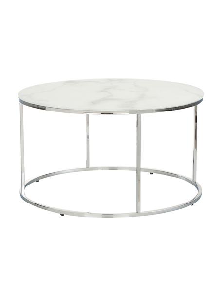 Table basse ronde avec plateau en verre aspect marbre Antigua, Blanc aspect marbre, couleur chrome, Ø 80 x haut. 45 cm
