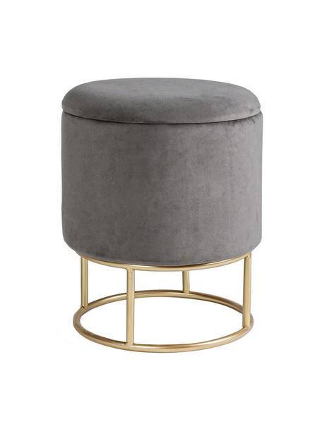 Tabouret en velours avec rangement Polina, Velours gris, Ø 35 x haut. 45 cm
