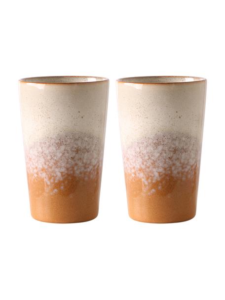 Sada ručně vyrobených XL pohárků v retro stylu 70's, 2 díly, Kamenina, Béžová, oranžová, Ø 9 cm, V 14 cm, 475 ml