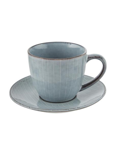 Tasse avec sous-tasse artisanales Nordic Sea, Grès cérame, Tons gris et bleus, Ø 8 x haut. 7 cm, 150 ml