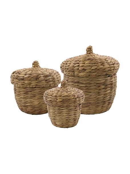 Set de cestas con tapadera Aske, 3 uds., Cesta: seagrass, Estructura: metal, Marrón, Set de diferentes tamaños